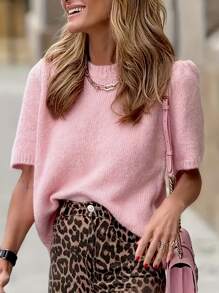 Women's Fashionable Elegant Round Neck Short Sleeve Knitted Top, Spring/Summer