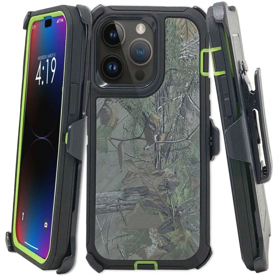 Funda protectora resistente a prueba de golpes compatible con iPhone 17/16/15/14/13/12/11/Plus/Pro/Pro Max con clip para cinturón - Arbol verde - Ver 1