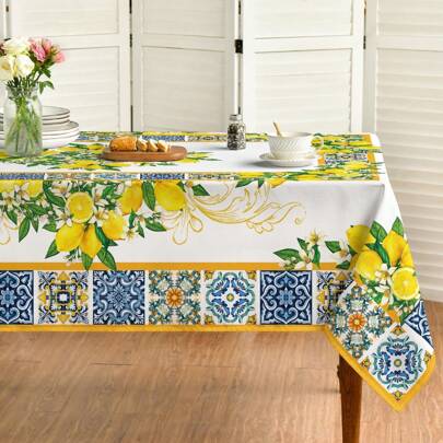 1pc Mediterranean Style Polyester Tablecloth, Featuring Lemon And Traditional Tile Pattern Design, Washable Table Cover Suitable For Living Room, Dining Table Decor, Party, Picnic, Seasonal Home Decor