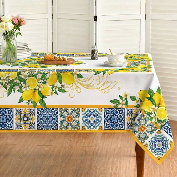 1pc Lemon Summer Tablecloth, White & Yellow Lemon Print Vintage Bohemian Pattern Washable Table Cover, Suitable For Living Room, Dining Table Decor, Party/Picnic Decor, Seasonal Home Decoration