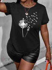 女士休闲时尚蒲公英蜻蜓印花短袖 T 恤夏季款式 - 黑色 - 查看 1