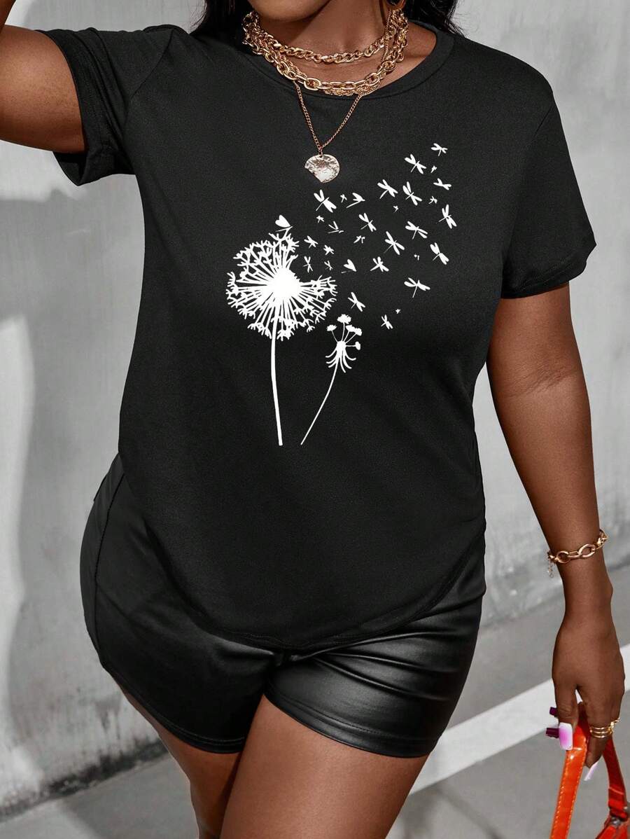 女士休闲时尚蒲公英蜻蜓印花短袖 T 恤夏季款式 - 黑色 - 查看 1