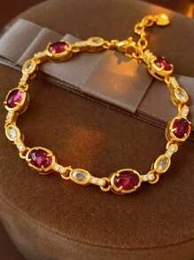 1 件复古方晶锆石 24k 镀金椭圆形手链，奢华优雅的设计适合日常佩戴和场合