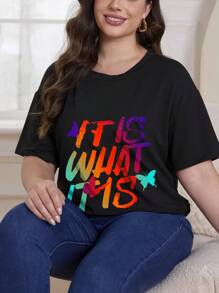 Women's Plus Size Letter Print Casual Summer T-Shirt, Round Neck Short Sleeve Top, Light And Comfortable Style