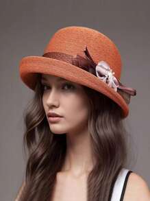 1 buc Pălărie de vară pentru femei, Pălărie casual, Pălărie de soare rotunjită cu boruri ondulate la modă de primăvară/vară, Decor floral, Potrivită pentru uz zilnic în aer liber