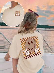 1件少女休闲印花圆领短袖T恤，夏季学生款 - 杏色 - 查看 3