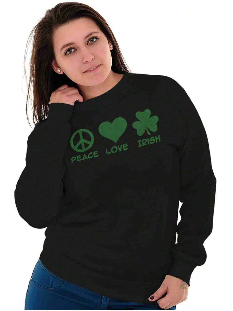 BRISCO BRANDS St Patrick's Day Womens Graphic Fleece Lined Crewneck Pullover Sweatshirt Saint Paddy's Day Peace Love Irish Lucky Four Leaf Clover Shamrock Ladies Casual Loose Fit Fashion Cotton Printed Thermal Lined Jumper - 黑色 - 查看 1