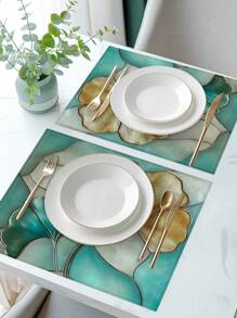 4 件套植物叶银杏印花餐垫，现代涤纶纤维厨房餐桌装饰布，适用于餐厅和厨房的圣诞装饰