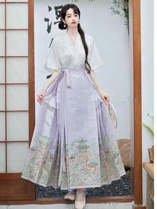 Chinese Style White Embroidered Jacquard Hanfu Top, Spring/Summer