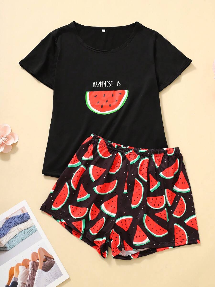 2pcs/Set Pajamas Printed Black Short Sleeve Top And Shorts Sleepwear Set For Women,Two Pieces Set - Black - View 1