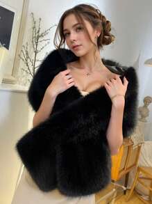 1 件时尚优雅蓬松女士户外披肩，白色蓬松新娘婚礼披肩/披肩，适合新娘婚礼派对，黑色