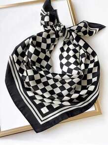 1pc Women's Faux Silk Checkered Pattern Printed Scarf, Versatile Neckerchief, Essential For Spring/Summer, Fashion Accessory
