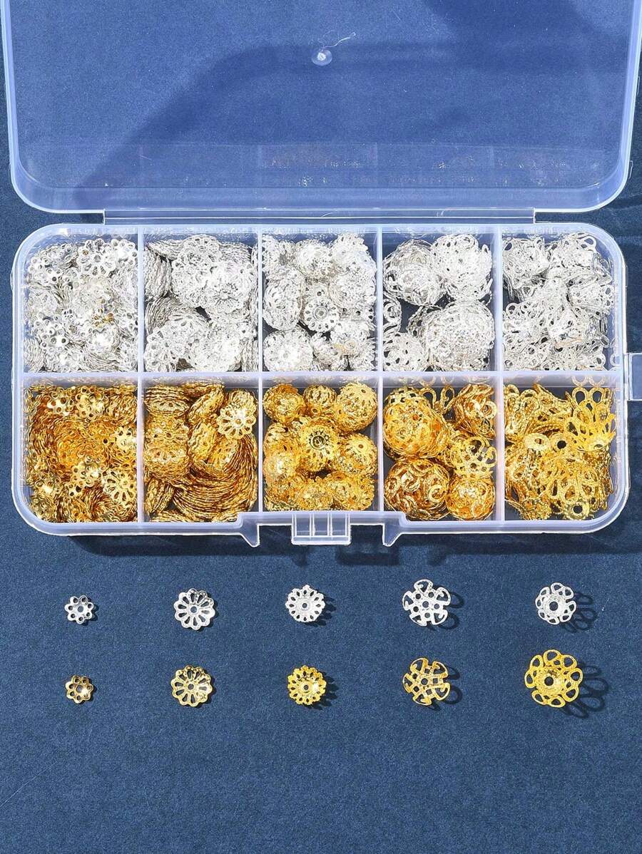 About 1180Pcs 10 Styles Iron Bead Caps, Golden & Silver, 6~11x1~8mm, Hole: 1~1.5mm