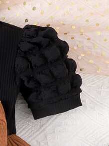 2 piezas Vestido acampanado negro de pana para niña con parches y decoración de mariposa, con cintura ceñida y mangas abullonadas, incluye lazo a juego para el cabello