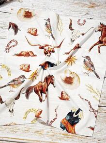 1pc Women's Fashion Bandana With Bull Head, Equestrian & Western Pattern, Multi-Functional Polyester Neckerchief Accessory Suitable For Daily Stylish Outfits For Dress - White - View 2