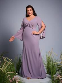 Magicy Plus Size V-Neck Asymmetrical Crossed Draped Butterfly Decorated Button Split Long Sleeve Mermaid Bodycon Long Dress Bridesmaid Dress