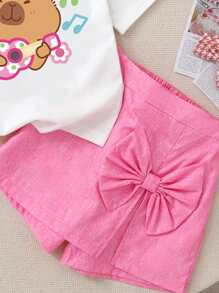 Set de 2 piezas de camiseta blanca con estampado de dibujos animados y shorts de falda rosa para niña joven, adorable y dulce, adecuado para exterior, vacaciones, verano - Blanco - Ver 4