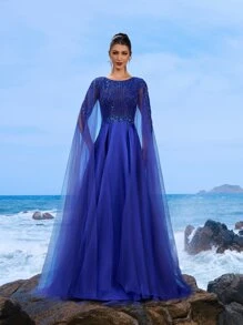 DELLA COUTURE Handmade Contrast Sequin Decorated Formal Gown, Elegant Fitted Robe, Suitable For Parties, Galas, Weddings And Other Formal Occasions, Ball Gown And Cocktail Dress, Party Dress, Wedding Guest Dress, Evening Dress - Blue - View 12