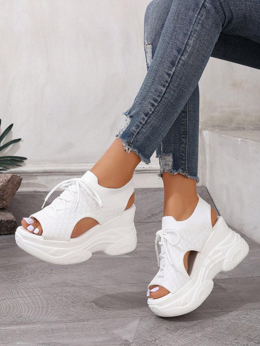 新款夏季厚底坡跟凉鞋，百搭弹力女式凉鞋，高跟优雅女式凉鞋，网眼透气舒适女式凉鞋，黑色鞋子，坡跟高跟女式凉鞋 - 白色 - 查看 1