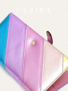 CEZIRA 金属 PU 皮革 多色条纹 拼布 拉链口袋 卡槽 现金票据 纽扣闭合 双孔 时尚优雅 钱包 实用 便携 日常礼品 钱包 钱包 长款钱包