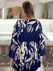 V-Neck Oversized Batwing Sleeve Floral Print Long Sleeve Dress - Navy Blue - View 2