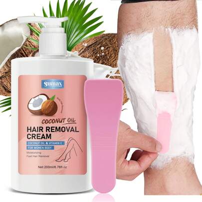 Crema depilatoria con aceite de coco para mujeres: Área íntima, línea del bikini, depilatoria para cara, piernas y axilas - Fórmula suave para uso doméstico y de viaje con raspador