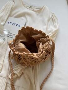 手工编织小斜挎包，新款时尚编织单肩包，适合海滩、休闲、单肩包、信封包 - 卡其色 - 查看 11