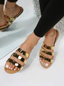 青少年休闲平底一脚蹬镂空金色条纹平底凉鞋，罗马风格，适合海滩、度假和波西米亚风 - 金色 - 查看 3