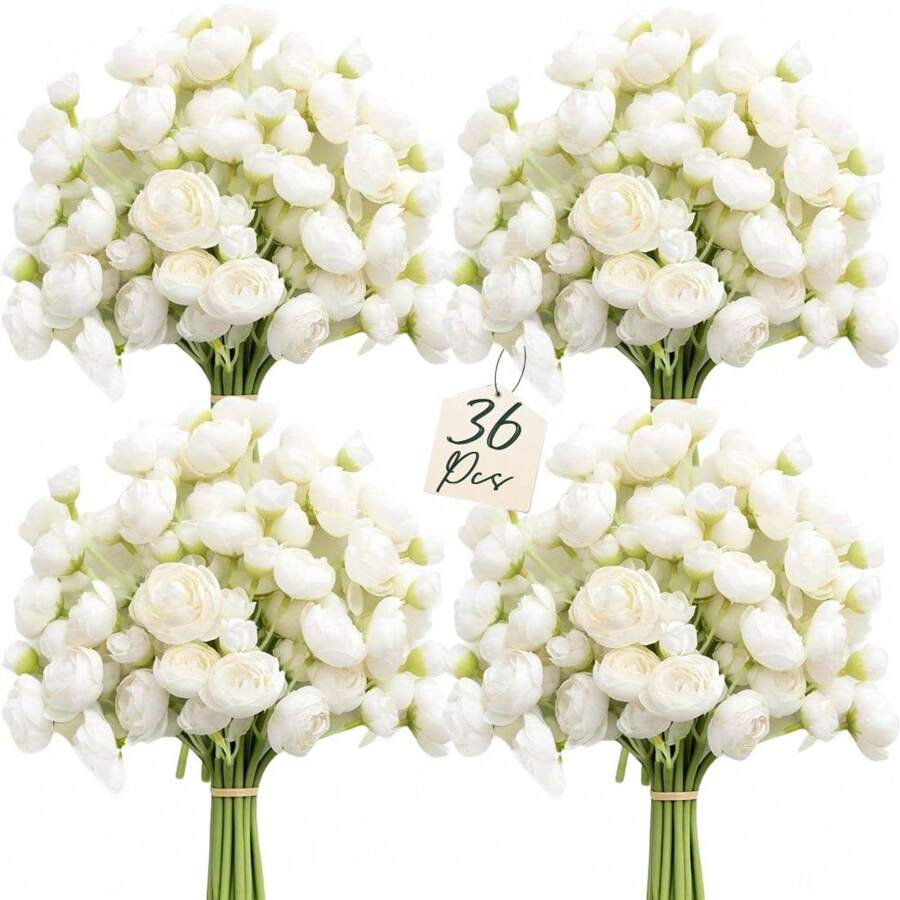 36Pcs Ranunculus Artificial Flower, Faux Mini Ranunculus Flowers For DIY Bouquet, Bulk Fake Wedding Filler Flowers For Centerpieces Arrangements Bridal Shower Decorations - trắng - Xem 1