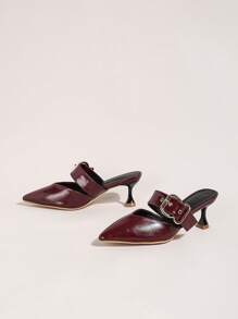Women's Fashion Pointed Toe Decor Buckle Open Heel Pumps - Burgundy - View 2