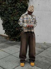 时尚休闲口袋年轻街头风格运动宽松直筒阔腿男士牛仔裤