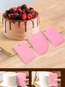 3 件套玫瑰红可重复使用蛋糕装饰刮刀套装 - 刮刀、梳子和抹刀，适用于面包、奶油、披萨