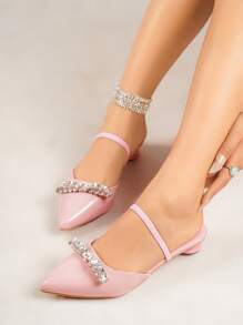 2-Way Wear French Rhinestone Elegant Pointed Toe Slip-On Sandals, Low Chunky Heel, Women's Shoes
