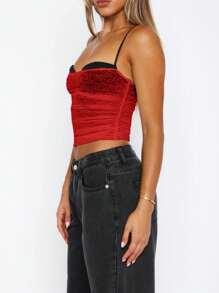 Y2k Hot Girl Floral Lace Crop Camisole Vest Tops Sleeveless Spaghetti Strap Low Cut Padded Tank Tops For Women Sexy See Through Backless Going Out Cami Tops Slim Fit Square Neck Shirt Summer Clubwear Streetwear Aesthetic Clothes - 紅色 - 查看 3