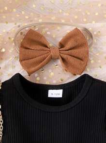 2 piezas Vestido acampanado negro de pana para niña con parches y decoración de mariposa, con cintura ceñida y mangas abullonadas, incluye lazo a juego para el cabello