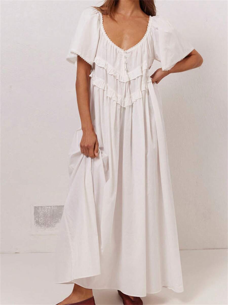 Women Summer Backless Beach Long Dress Elegant Short Sleeve Back Low-Cut Loose Casual Swing Maxi Dresses - 白色 - 查看 1