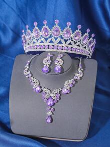 4 件优雅奢华巴洛克水晶皇冠项链耳环配饰套装，新娘婚礼头饰，女士派对活动成人礼物皇冠项链耳环