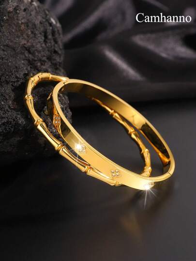 Camhanno 2 einfache, stilvolle, elegante und charmante Edelstahl-Bambus-Zirkonia-Armbänder mit verschiedenen Formen und Stilen, die Ihre Schönheit betonen, geeignet für den täglichen Urlaubsgebrauch und als Geschenk für Liebhaber/beste Freunde