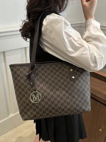 欧美跨境个性大容量字母极简印花手提包女新款菱格通勤单肩包 - 咖啡 - 查看 5
