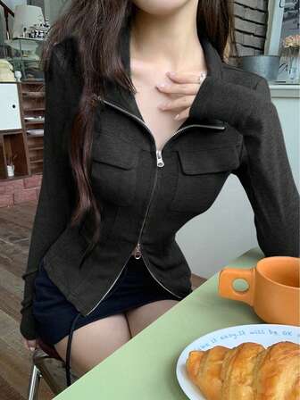 2025 春夏韩国复古优雅翻领女式上衣长袖拉链别致修身衬衫