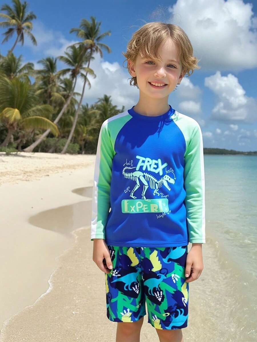New Summer Boys Dinosaur Print Long Sleeve Shorts Swimsuit Set - Multicolor - View 1