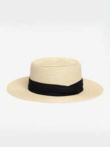 French Flat-Brimmed UV-Blocking Sunhat For Women, Foldable Design With Ribbon, Casual & Fashionable Straw Hat For Beach, Resort, Summer, Spring