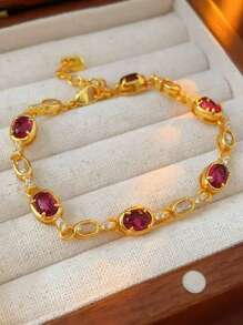 1 件复古方晶锆石 24k 镀金椭圆形手链，奢华优雅的设计适合日常佩戴和场合