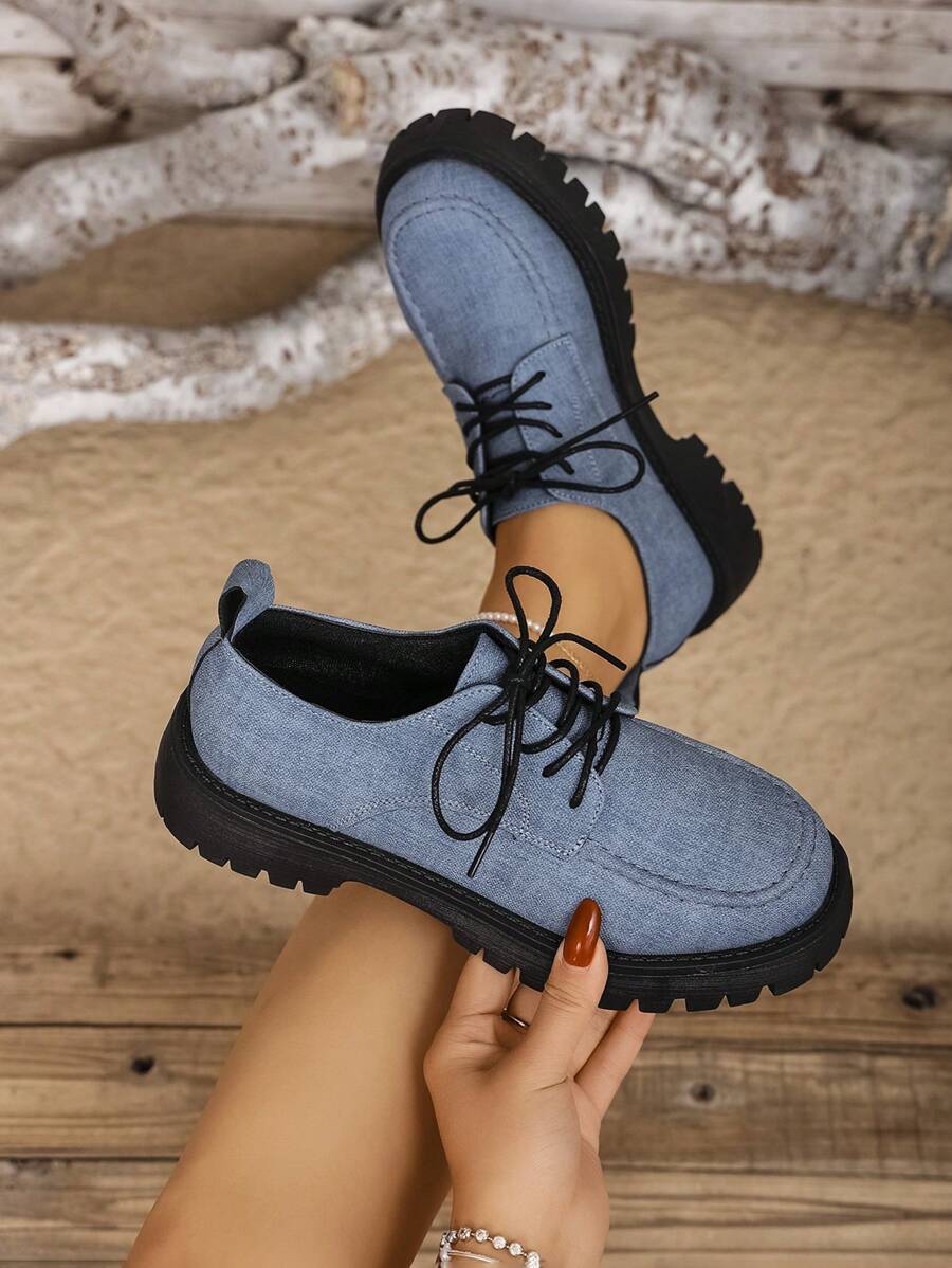 大码女式黑色厚底鞋 41 42 43，英式厚底 JK 制服鞋，学院防滑增高乐福鞋高跟鞋 - 藍色 - 查看 1