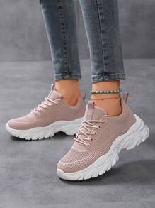Women's Minimalist Light Pink Casual Sneakers, Breathable Soft Comfortable Low-Top Thick Sole Athletic Shoes For Running, Outdoor Fitness And Daily Wear - Baby Pink - View 4