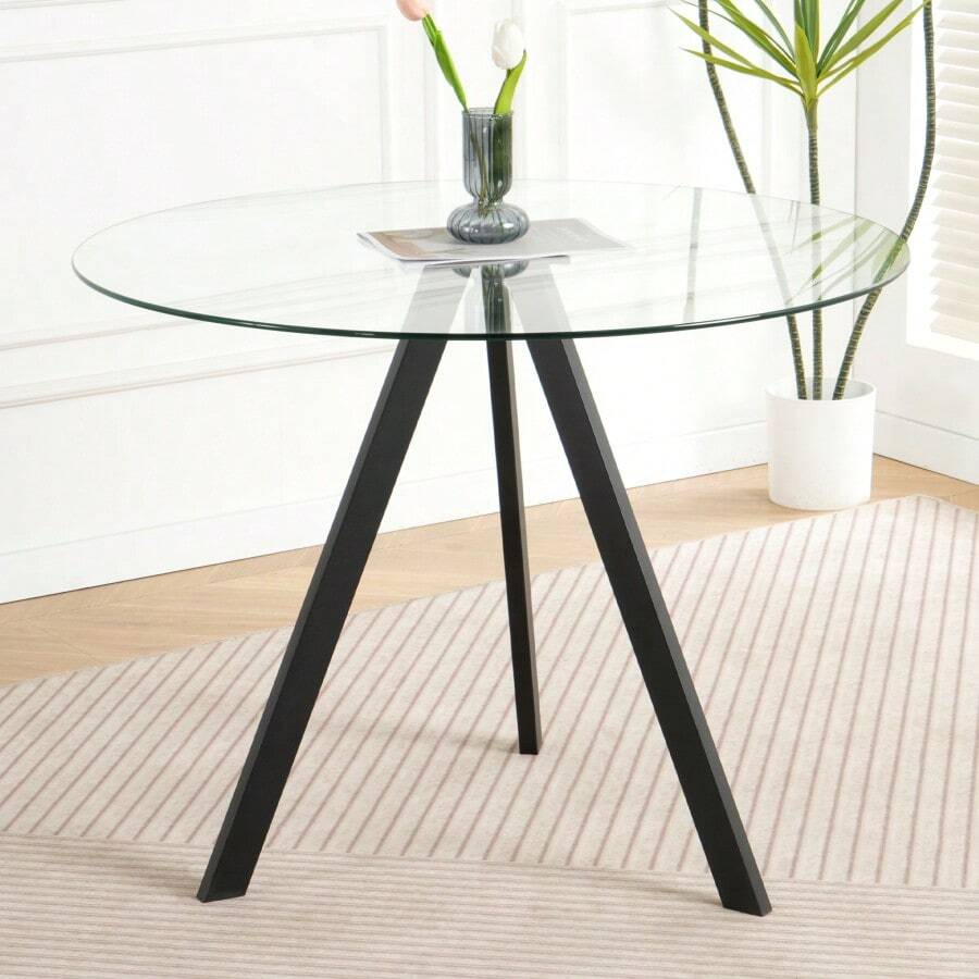 Modern Minimalist 39.2 " Round Glass Dining Table With Clear Glass Countertops And Black Metal Legs For Kitchen Dining And Living Room Set Of 1
