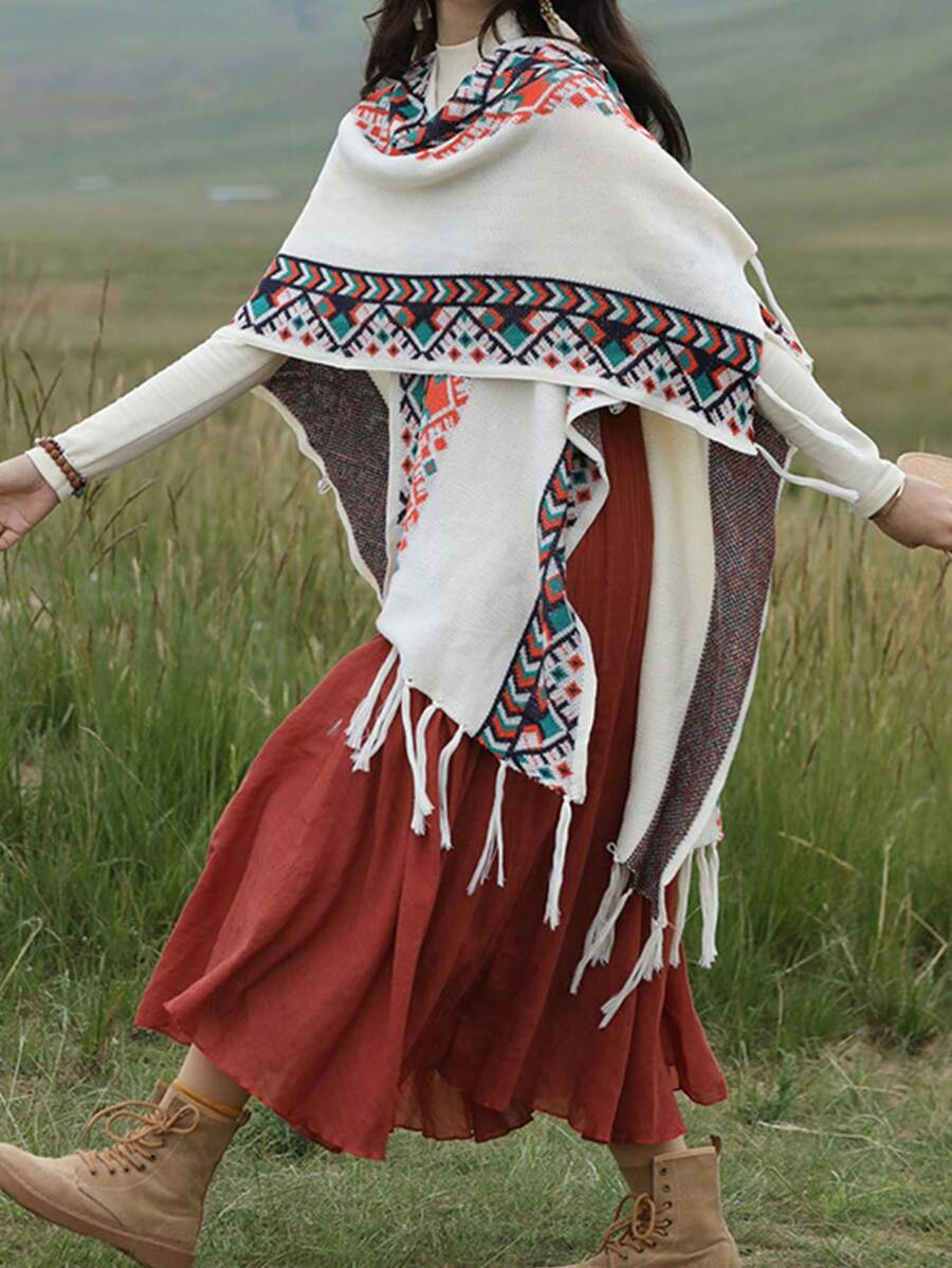 1pc Bohemian Style Retro Print Scarf Shawl, New Women Long Knit Poncho Cape Cloak Outwear Wrap