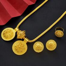 African Dubai Style Women Jewelry Set, Golden Color Classic Elegant Accessories Including Pendant Earrings Ring Bracelet, Bride Wedding Gift - Yellow Gold - View 3