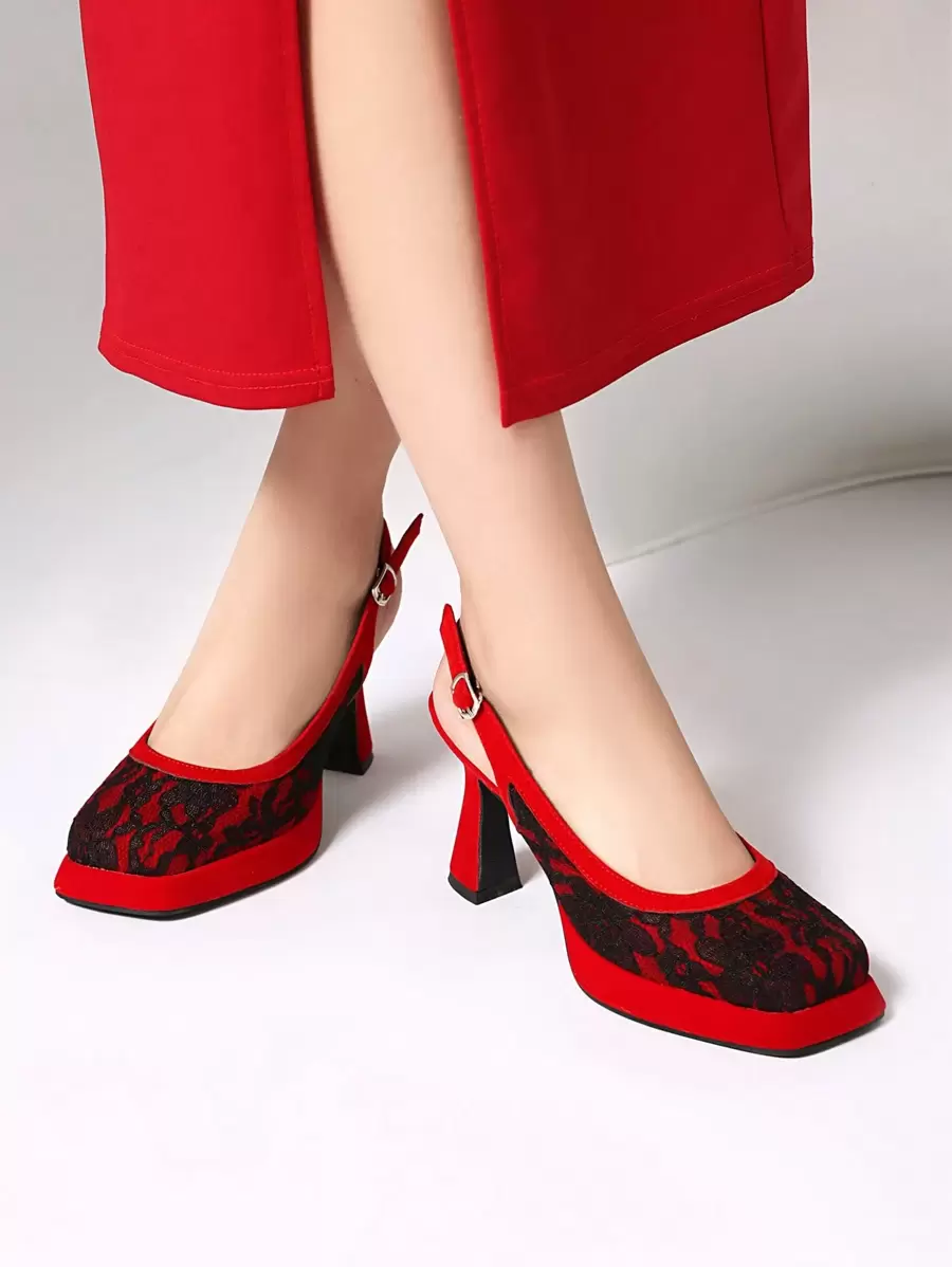 性感双色蕾丝高跟鞋细跟细高跟鞋方头女士鞋 - 紅色 - 查看 1