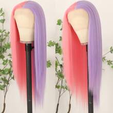 Gorgeous Pink Blonde Hair Synthetic Lace Front Wigs 26 Inch Pre Plucked Long Straight Hair Wigs Glueless Halloween Wigs Heat Resistant Natural Half Pink Half Blonde Straight Lace Front Wigs For Women For Daily Christmas Party Cosplay Use - Hồng Tím - Xem 4